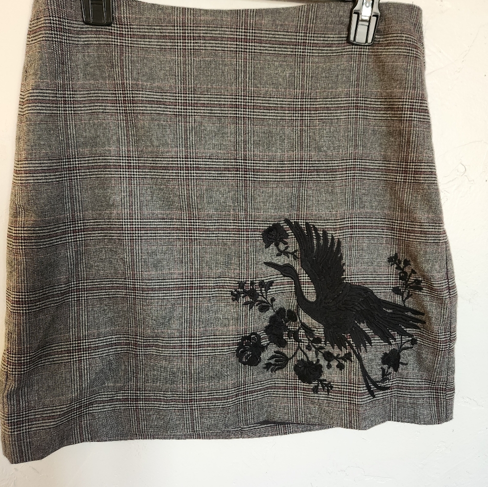 Plaid Skirt with Black Bird Embroidery